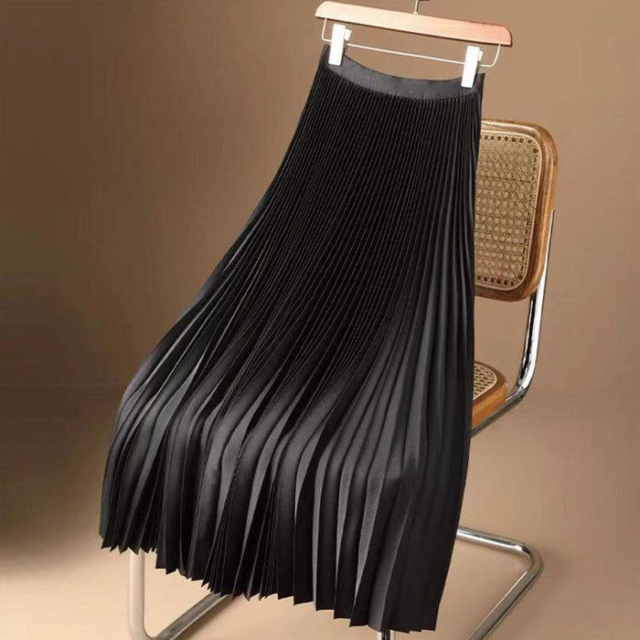 Elegant Solid Satin Silk Pleated Midi Skirt
