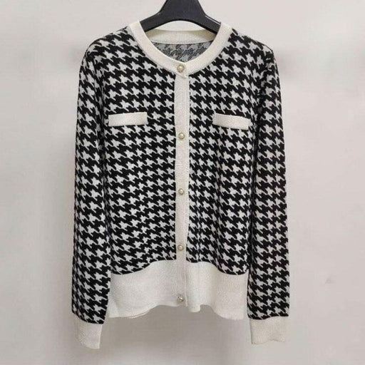 Vintage Charm Houndstooth Knit Crop Sweater for Autumn Fashion