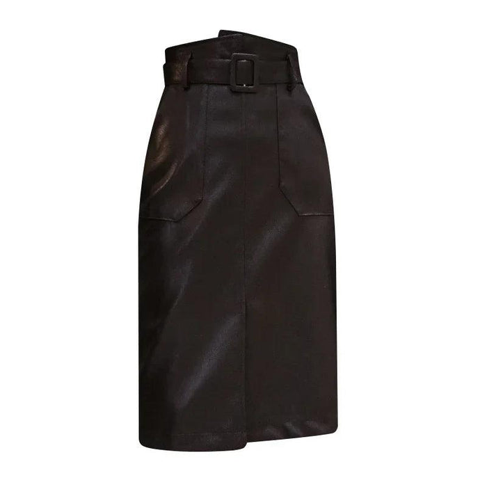 Chic Belted Faux Leather Midi Skirt for Women's Fall-Winter Fashion Collection