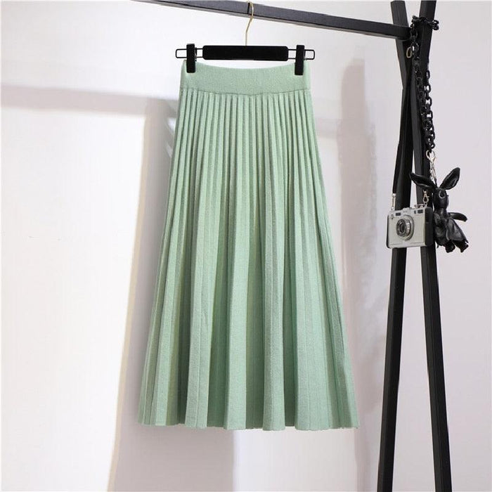 Elegant High Waist Pleated Knit Midi Skirt for Women