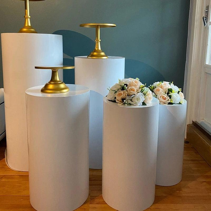 Elegant White and Gold Cylinder Display Pedestals Set