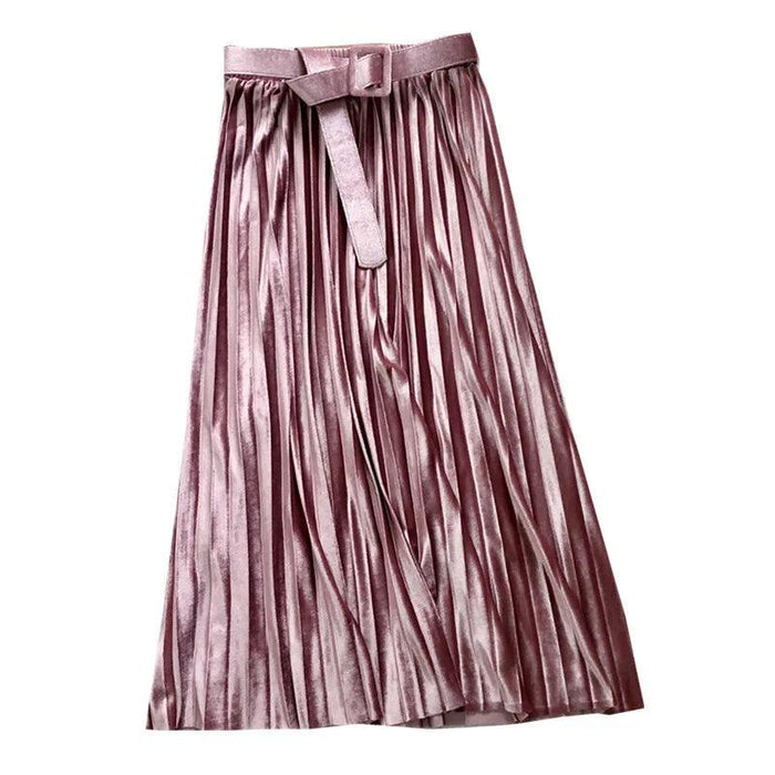 Seoul Luxe: Premium Velvet Pleated Skirt Ensemble with Elegant Belt