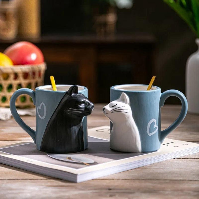 Romantic Cat Kiss Ceramic Coffee Mugs for Couples - Set of 2