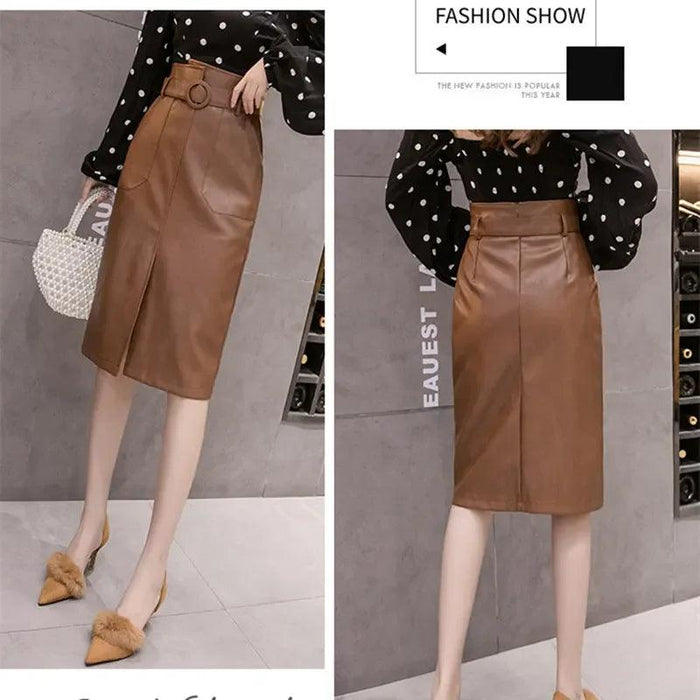 Chic Belted Faux Leather Midi Skirt for Women's Fall-Winter Fashion Collection