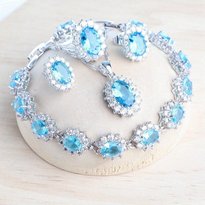 Elegant Blue Zirconia Sterling Silver Bridal Jewelry Ensemble