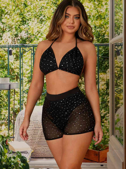 Glamorous Rhinestone Halter Bralette and Shorts Set