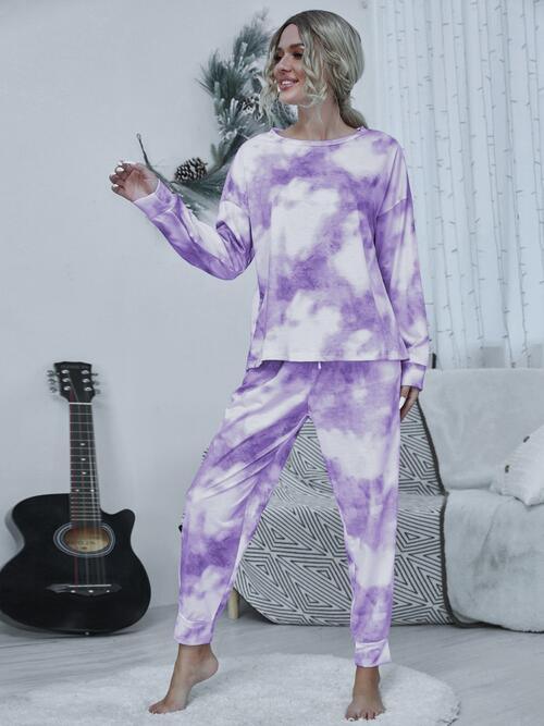 Trendy Tie-Dye Two-Piece Lounge Set with Relaxed Top and Adjustable Pants