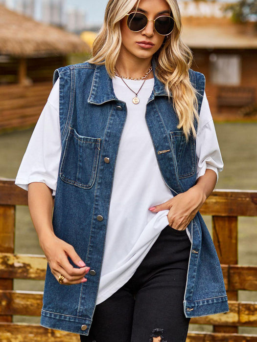 Chic Denim Sleeveless Vest with Collared Neck and Pockets