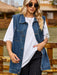 Chic Denim Sleeveless Vest with Collared Neck and Pockets