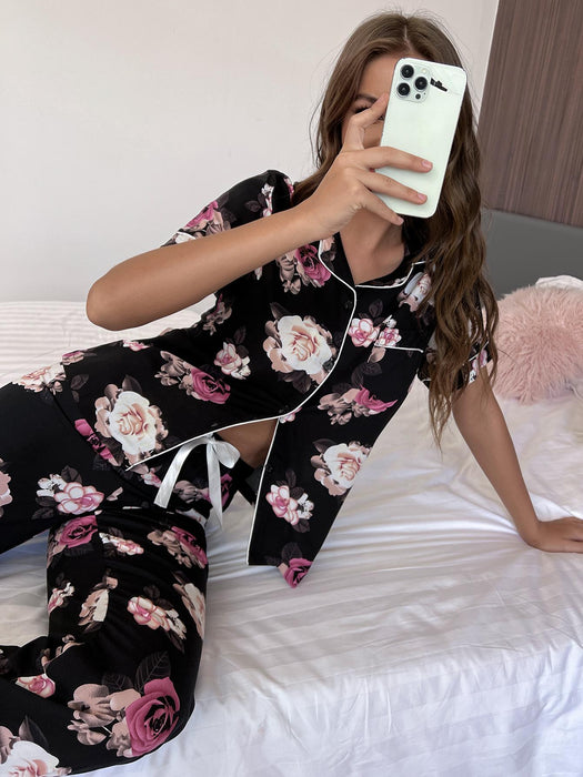 Floral Casual Lounge Wear Set with Short Sleeve Top and Trousers