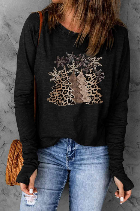 Festive Holiday Season Christmas Tree Print Long Sleeve Blouse