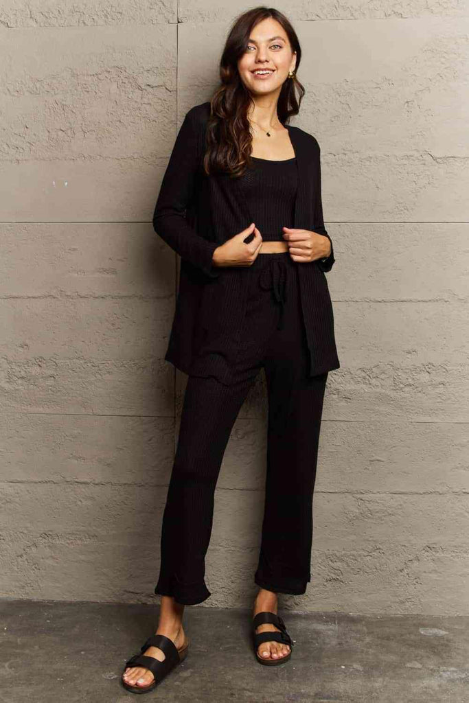 Ninexis Full Size Cropped Top Long Pants and Cardigan Lounge Set