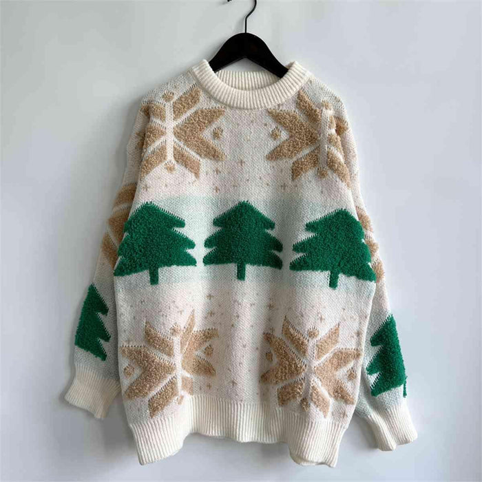 Festive Cozy Snowflake Long Sleeve Sweater with Round Neck