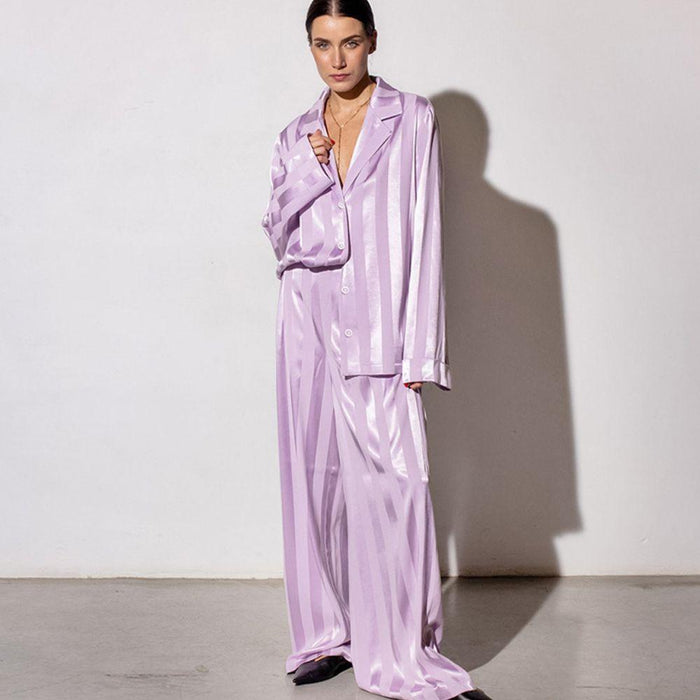 Lavender Silk Striped Blouse and Wide-Leg Trousers Set