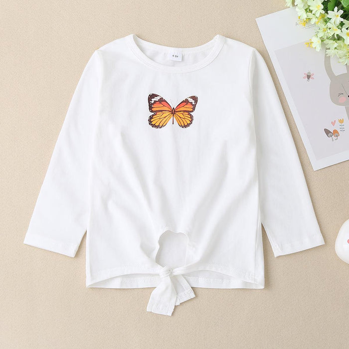 Butterfly Graphic Casual Tee with Round Neck and Long Sleeves for Children