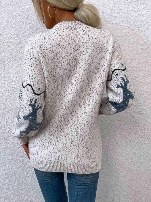 Cozy Reindeer Print Button-Up Sweater with Handy Pockets