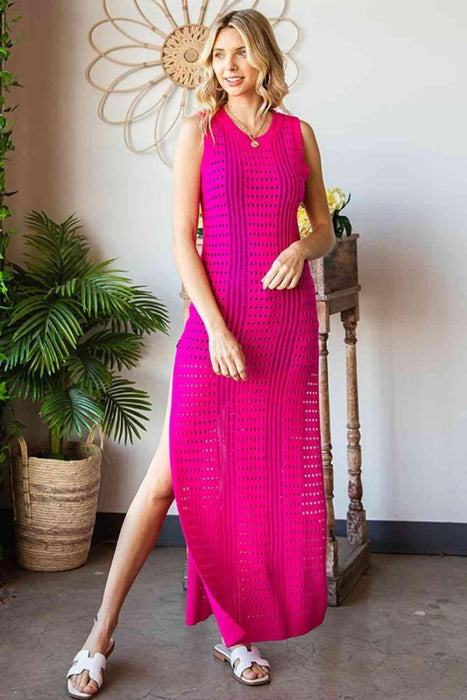 Elegant Split Maxi Dress with Intricate Openwork Details