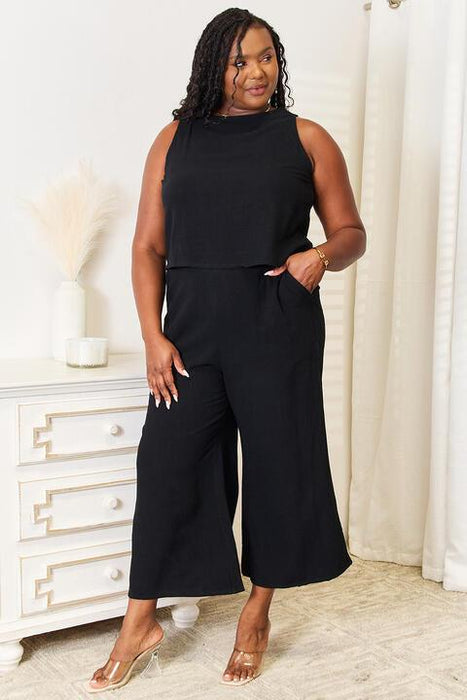 Elegant Button-Up Tank & Wide-Leg Trousers Ensemble