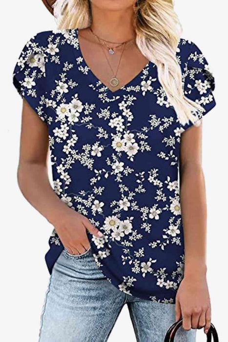 Petal Sleeve V-Neck Blouse: Floral, Striped, and Camo Print