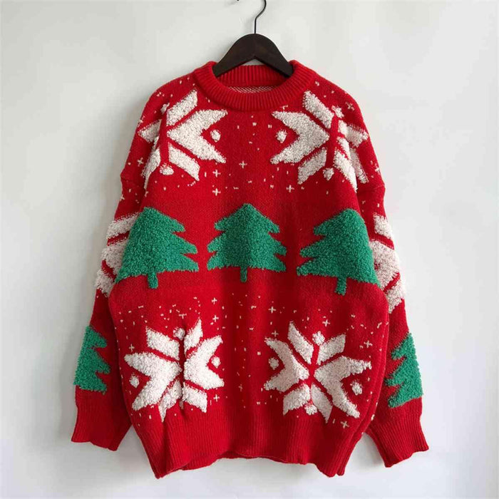 Festive Snowflake Sweater with Round Neck and Long Sleeves