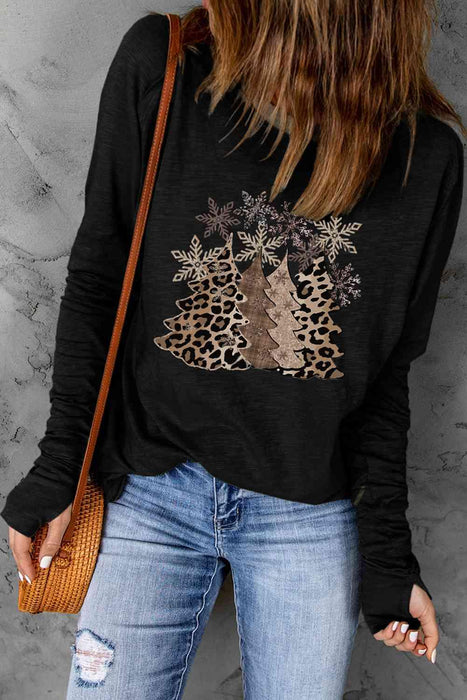 Festive Holiday Season Christmas Tree Print Long Sleeve Blouse