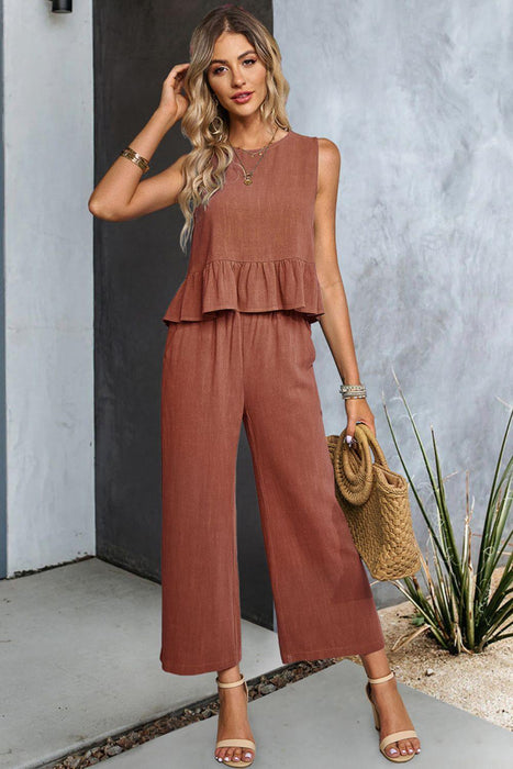 Ruffle Tank Top and Pants Set with Button Accents
