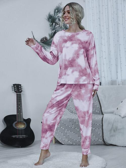 Trendy Tie-Dye Two-Piece Lounge Set with Relaxed Top and Adjustable Pants