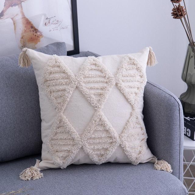 Boho Chic Beige Tassel Embroidered Cushion with Zip Closure