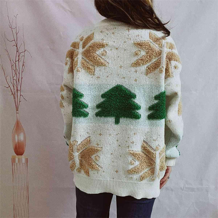 Festive Cozy Snowflake Long Sleeve Sweater with Round Neck