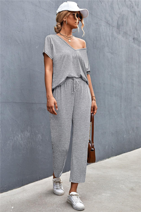 Elegant Ease V-Neck Top and Drawstring Trousers Set