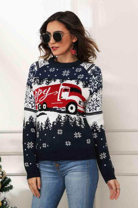 Festive Chic Ribbed Neck Raglan Sweater for Holiday Style