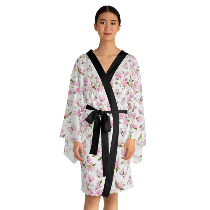 Japanese Magnolia Floral Luxury Long Sleeve Kimono Robe