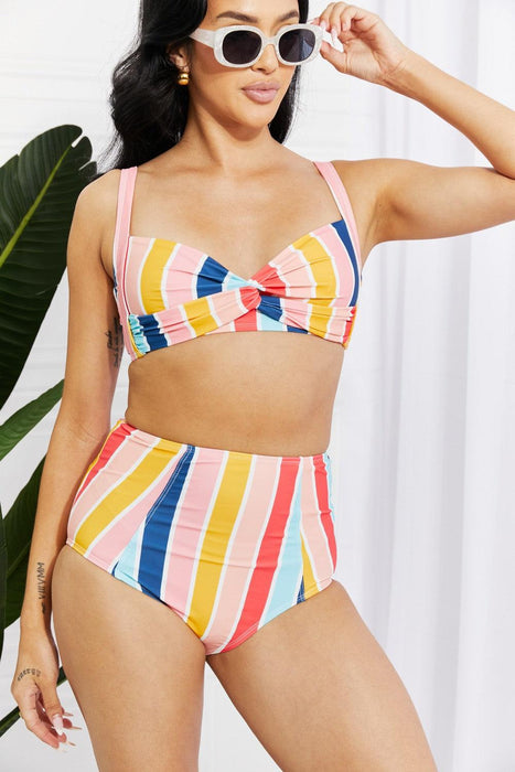 Twist Front High-Waisted Striped Bikini Set by Marina West Swim