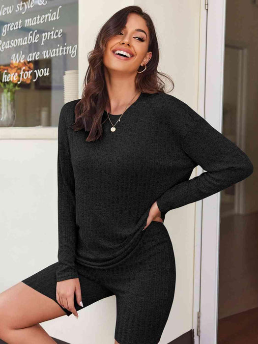 Ribbed Comfort Duo: Stylish Long Sleeve Top and Shorts Lounge Set