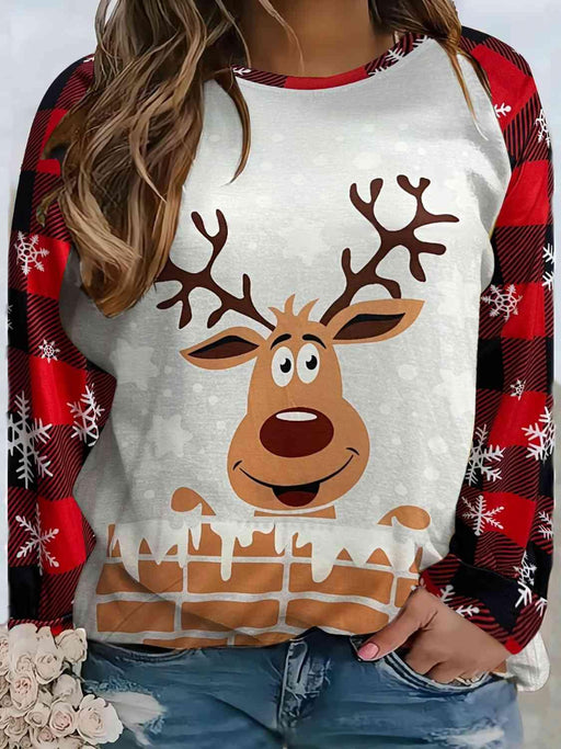 Plus Size Cozy Long Sleeve Top with Winter Reindeer Design