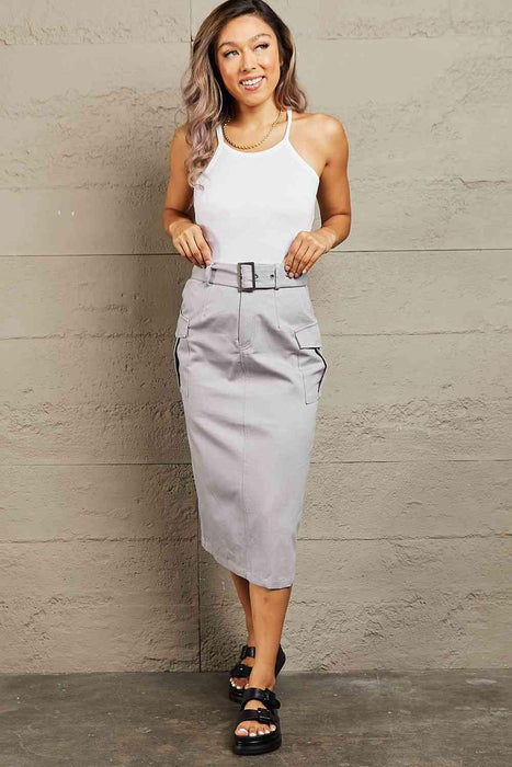 Edgy High-Waisted Buckled Cargo Skirt with Functional Flap Pockets