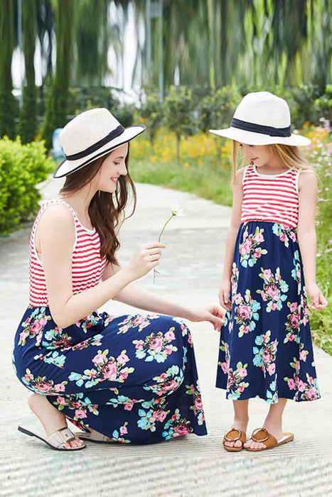 Girls' Summer Striped Floral Sleeveless Dress - Casual Chic
