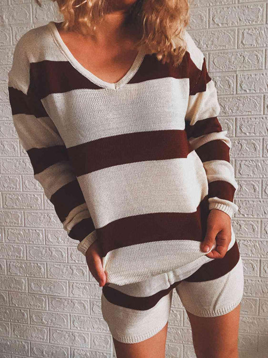 Chic Striped Knit Relaxed Lounge Set with Comfy Top and Shorts