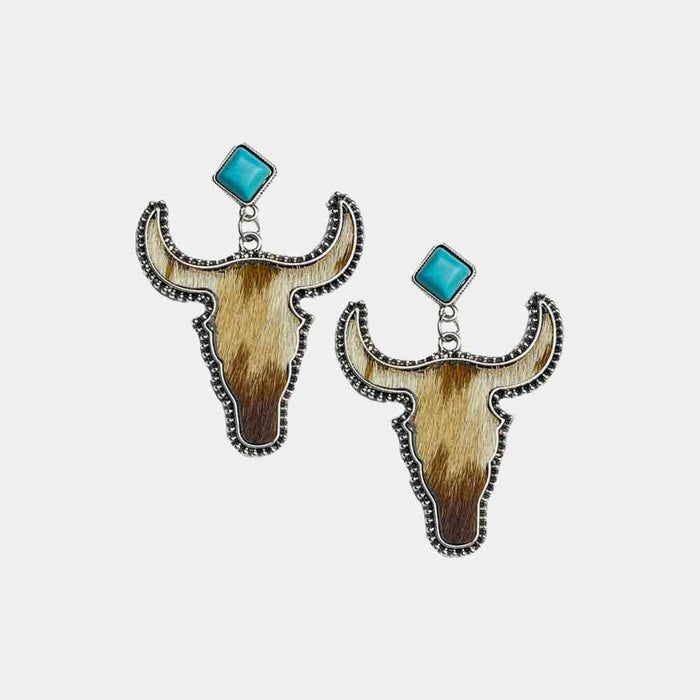 Turquoise Bull Drop Earrings with Cowhide and Alloy