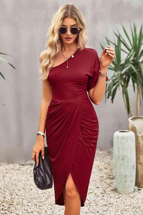 Chic Ruched One-Shoulder Dress with Asymmetrical Hem