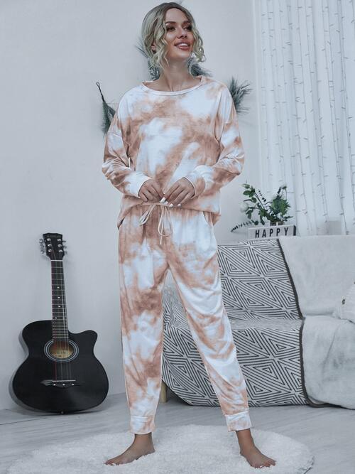 Trendy Tie-Dye Two-Piece Lounge Set with Relaxed Top and Adjustable Pants