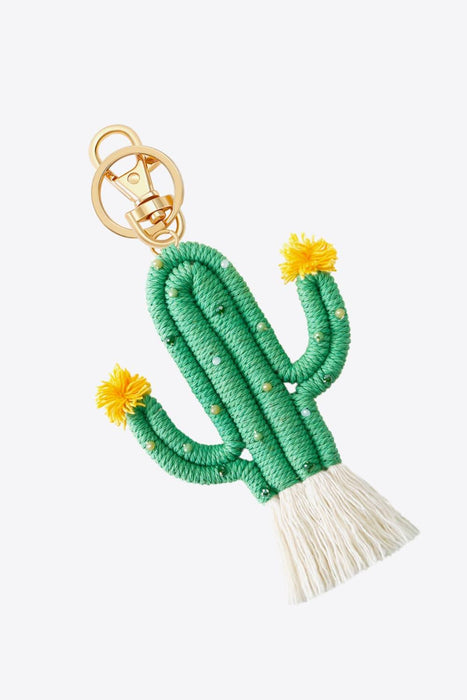 Desert-Inspired Boho Cactus Keychain with Beaded Trims and Fringes