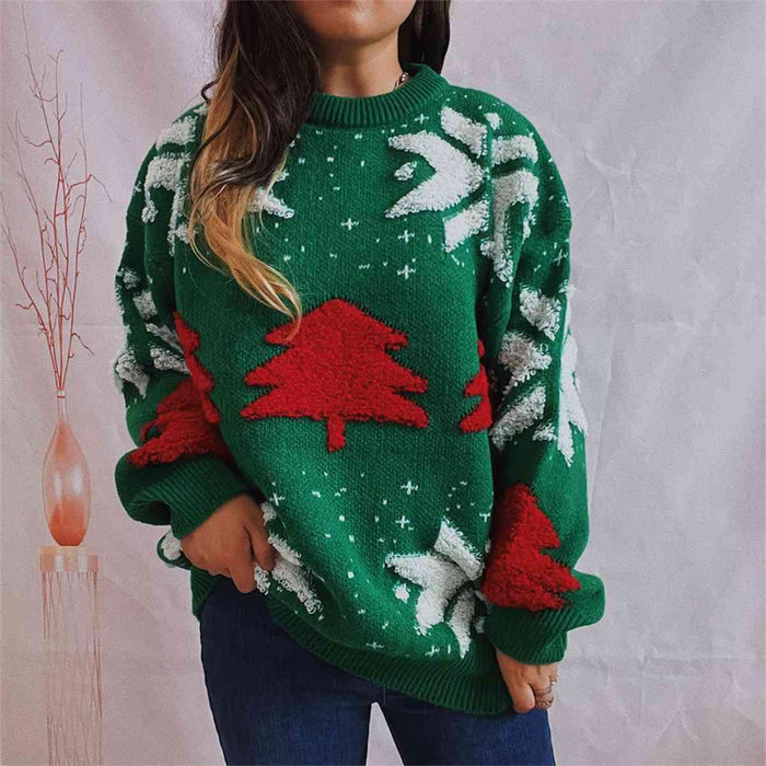 Festive Cozy Snowflake Long Sleeve Sweater with Round Neck