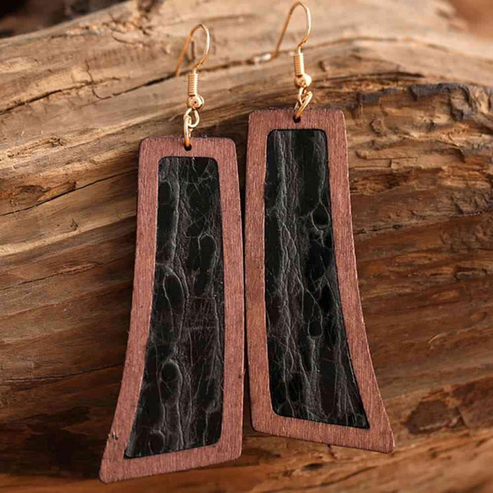 Rustic Wood and Leather Geometric Drop Earrings with Western Influence