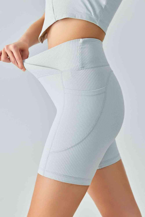 Ribbed V-Waist Cycling Biker Shorts with Convenient Pockets