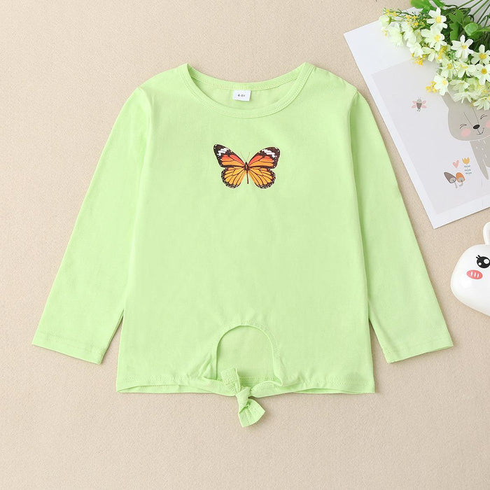 Butterfly Graphic Casual Tee with Round Neck and Long Sleeves for Children