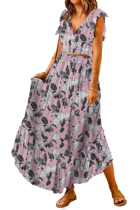Floral Frill Tie-Back Top and Maxi Skirt Set