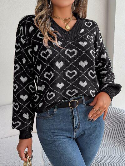 Charming Heart Print V-Neck Knit Sweater