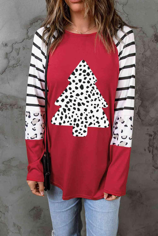 Christmas Spirit Festive Tree Patterned Long Sleeve Top