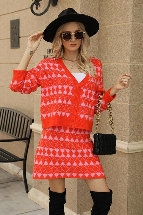 Elegant Geometric Knit Cardigan and Skirt Set